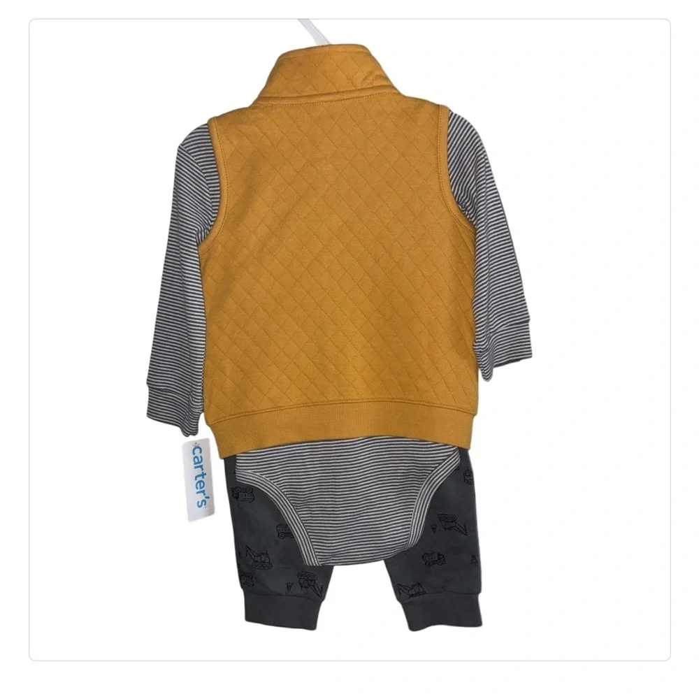 Carter's 3PC Set Yellow Quilted Vest with Striped Construction Outfit. Size 18 M - Picture 3 of 7